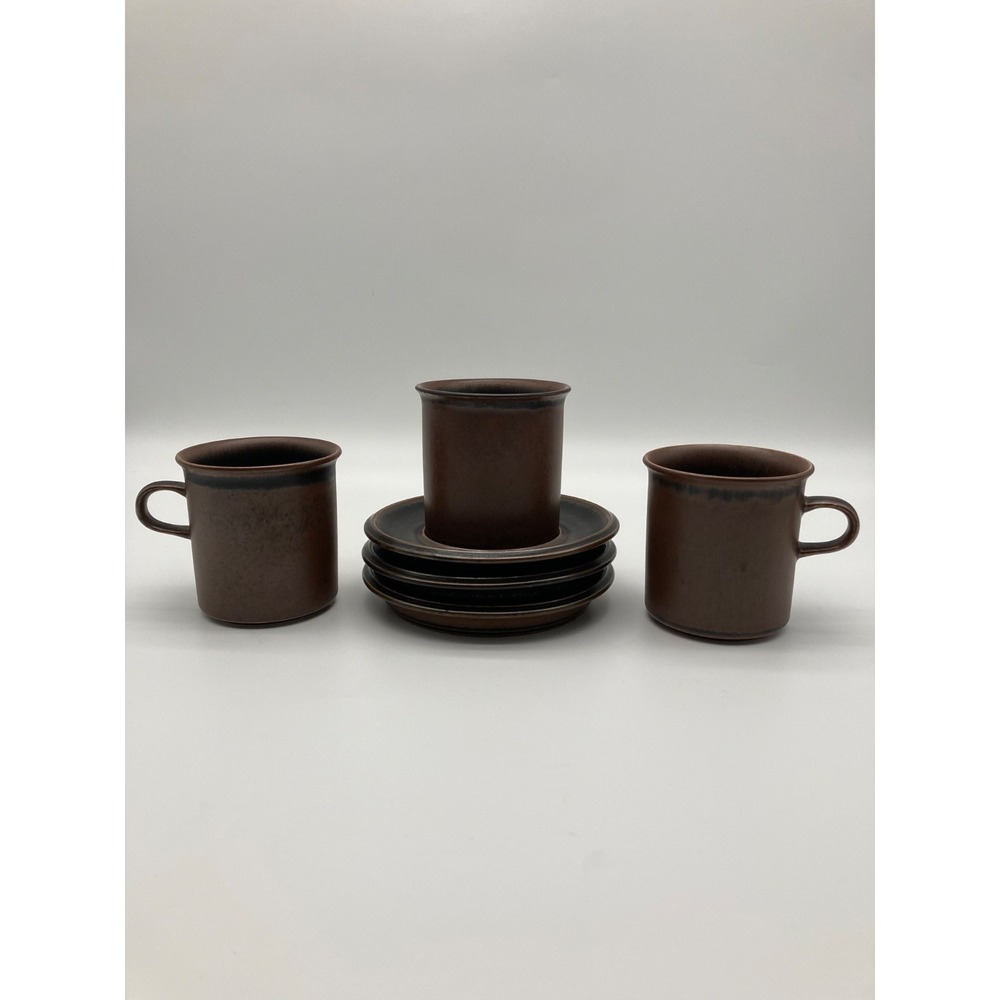 3 Vintage Arabia Finland Ruska Brown Stoneware Mugs Tall Coffee Cups Saucers